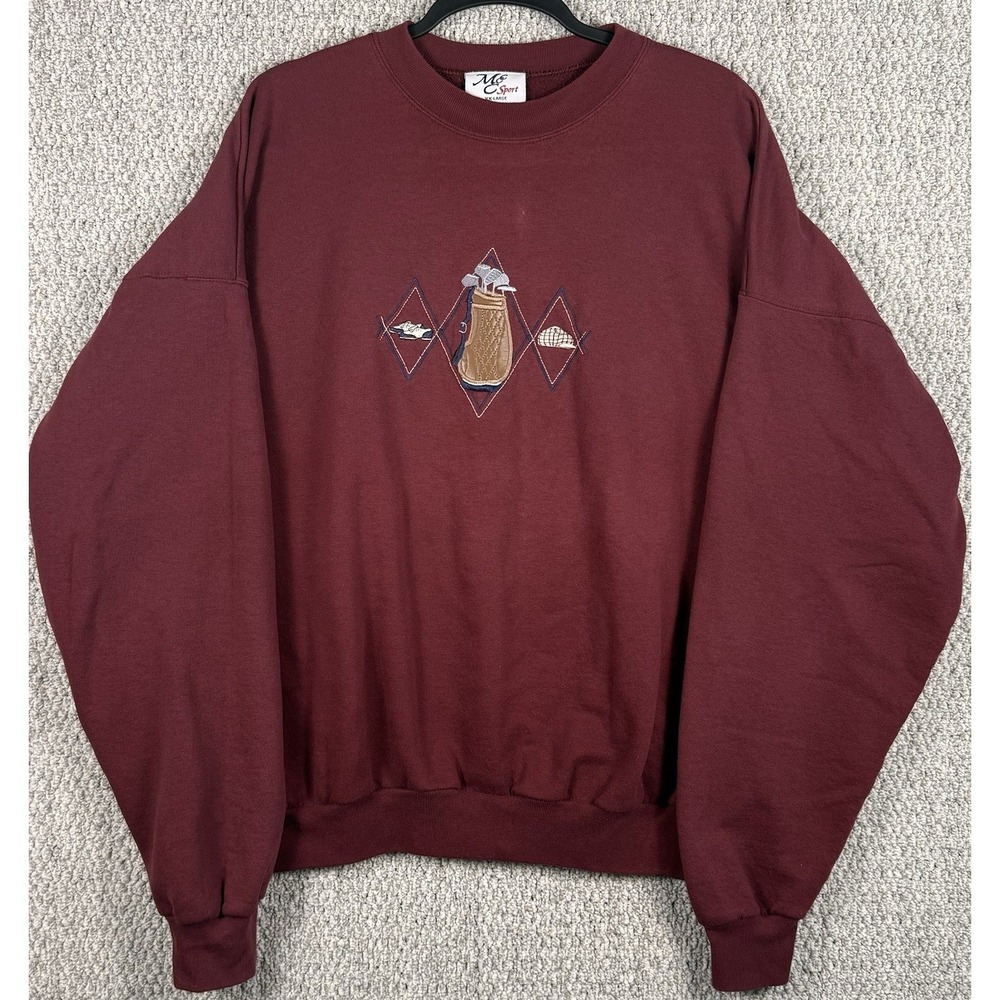 Vintage Y2K Golf Crewneck Sweatshirt Embroidered Golf Bag Burgundy‎ Men's XXL